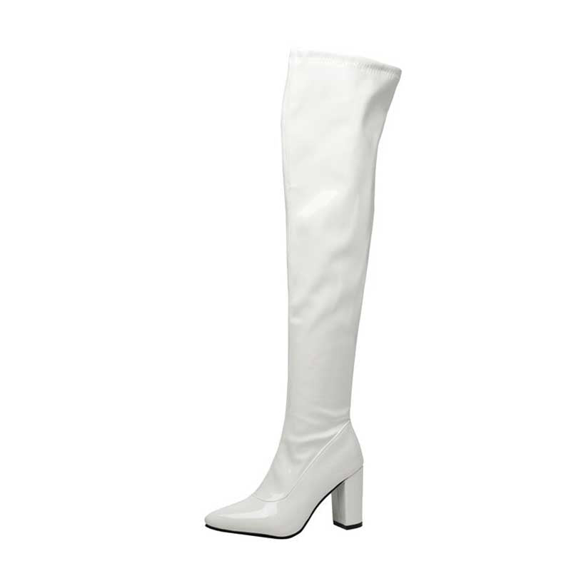 NONEBT white over-the-knee women's chunky heel boots for prom with pointed toe and block heel