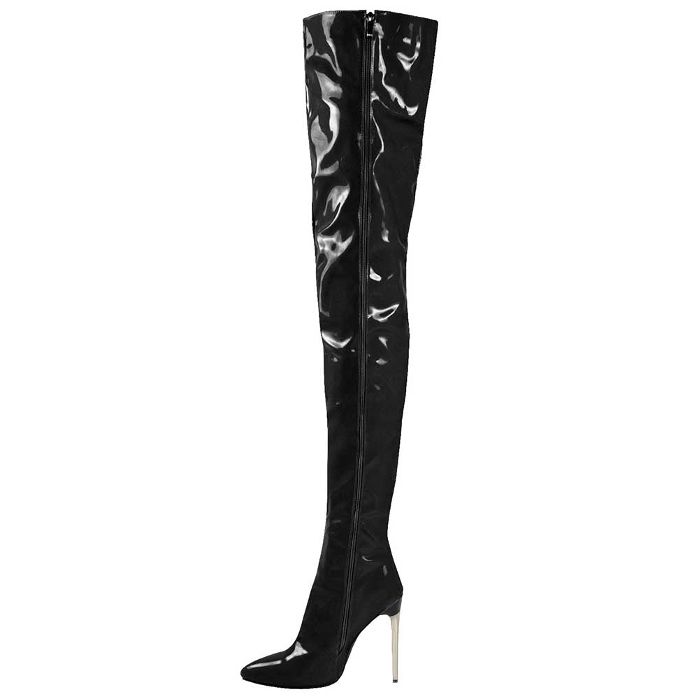 Black patent leather women's over the knee stiletto boots with pointed toe and thin high heel