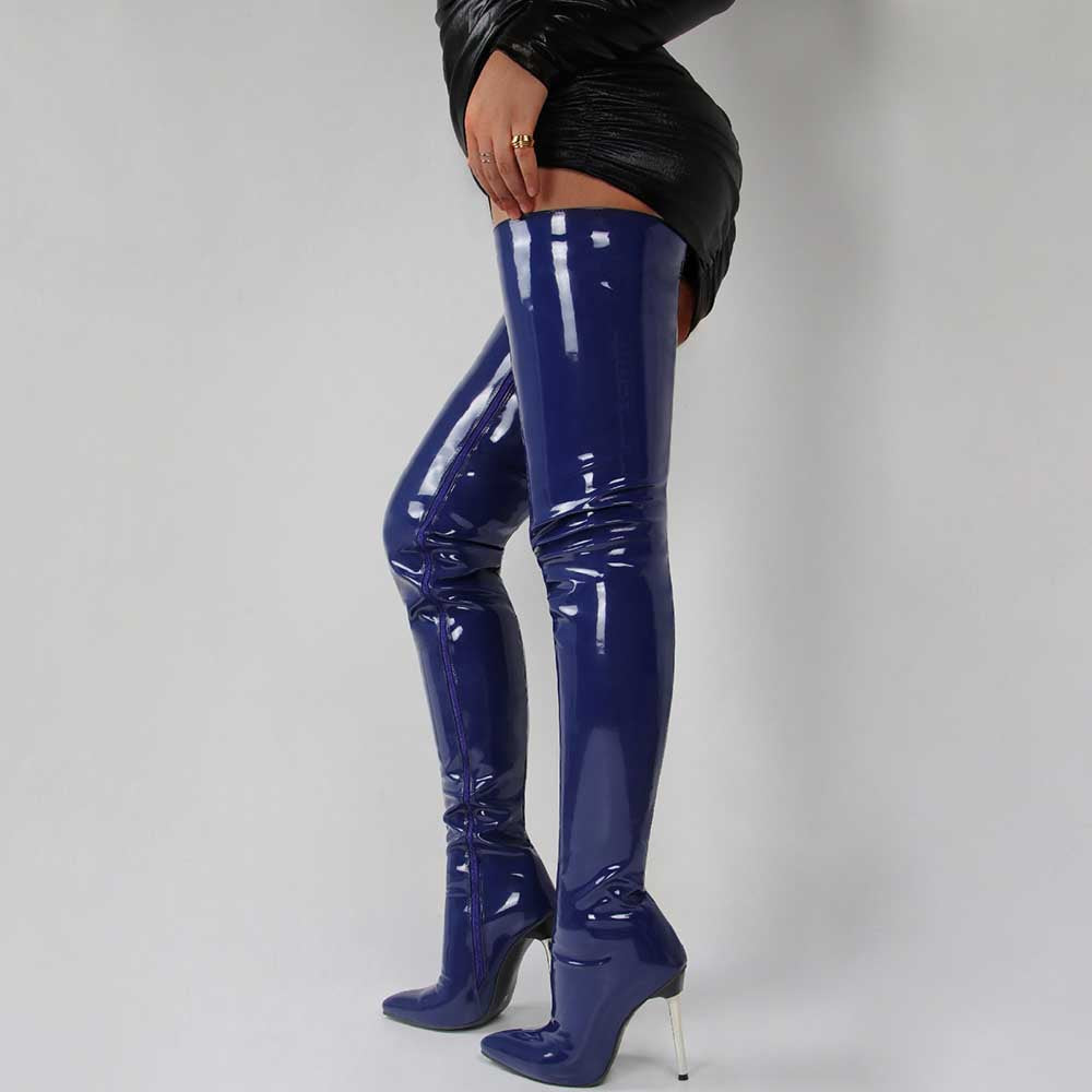 Glossy blue women's over the knee stiletto boots with high heels and pointed toes