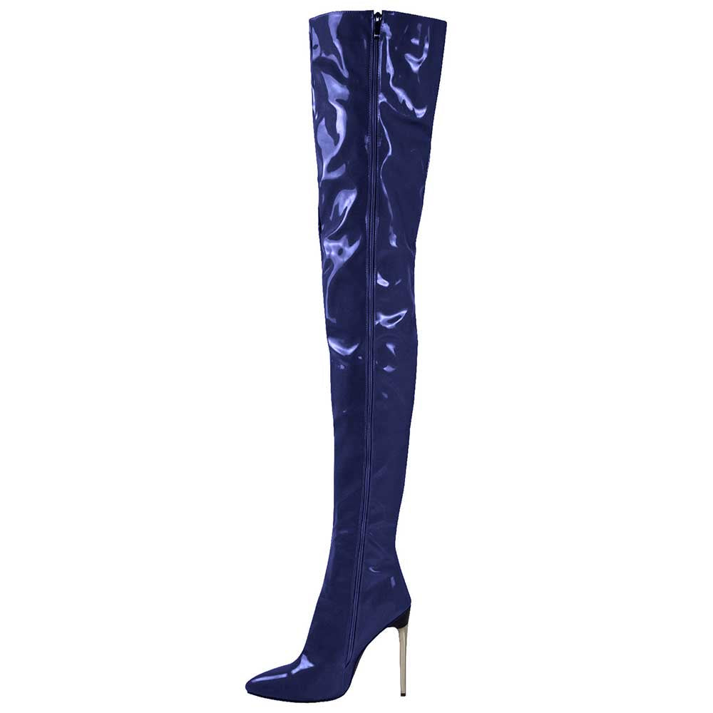 Shiny navy blue women's over the knee stiletto boots with pointed toe and high heel