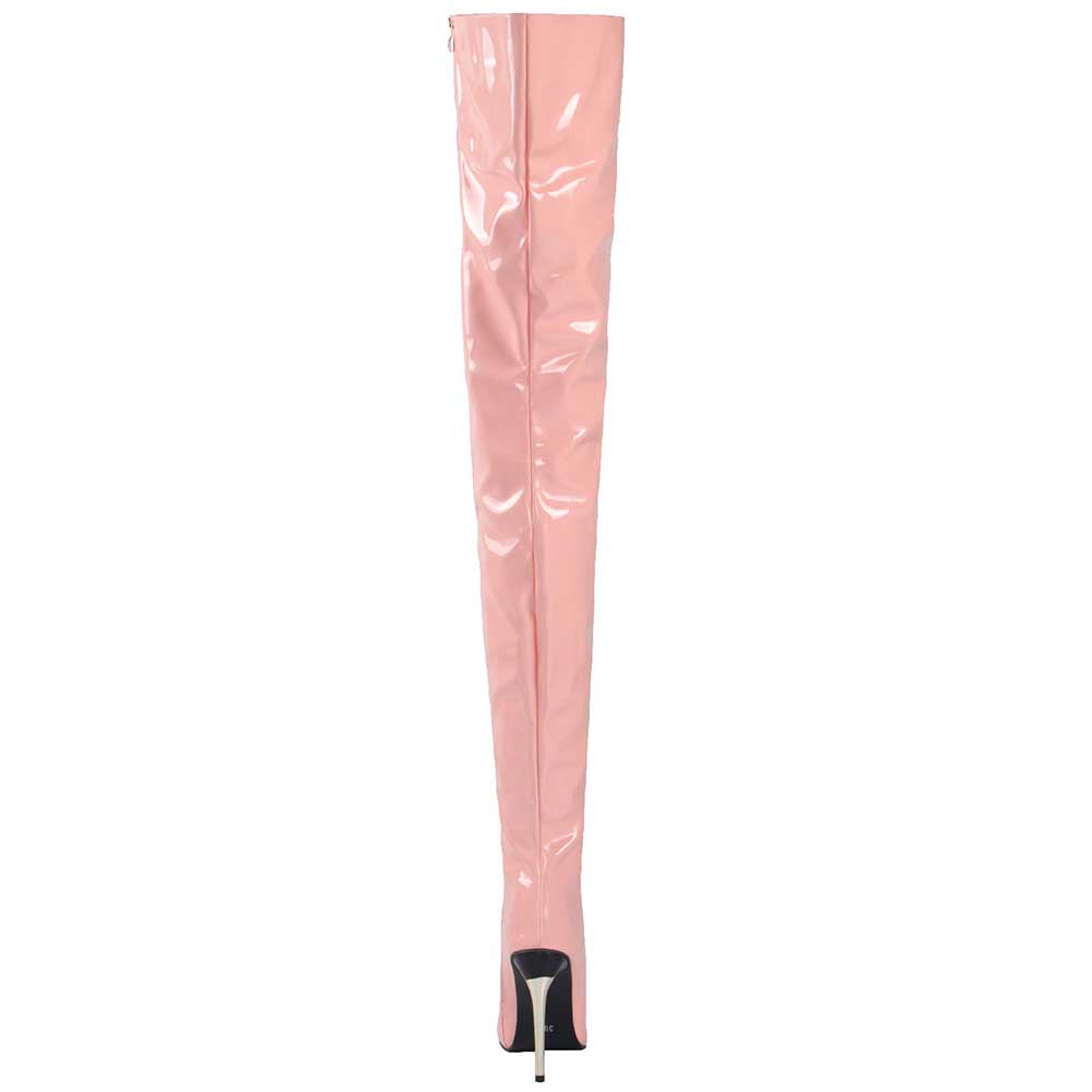 Pink shiny women's over the knee stiletto boots with pointed toe and high heel