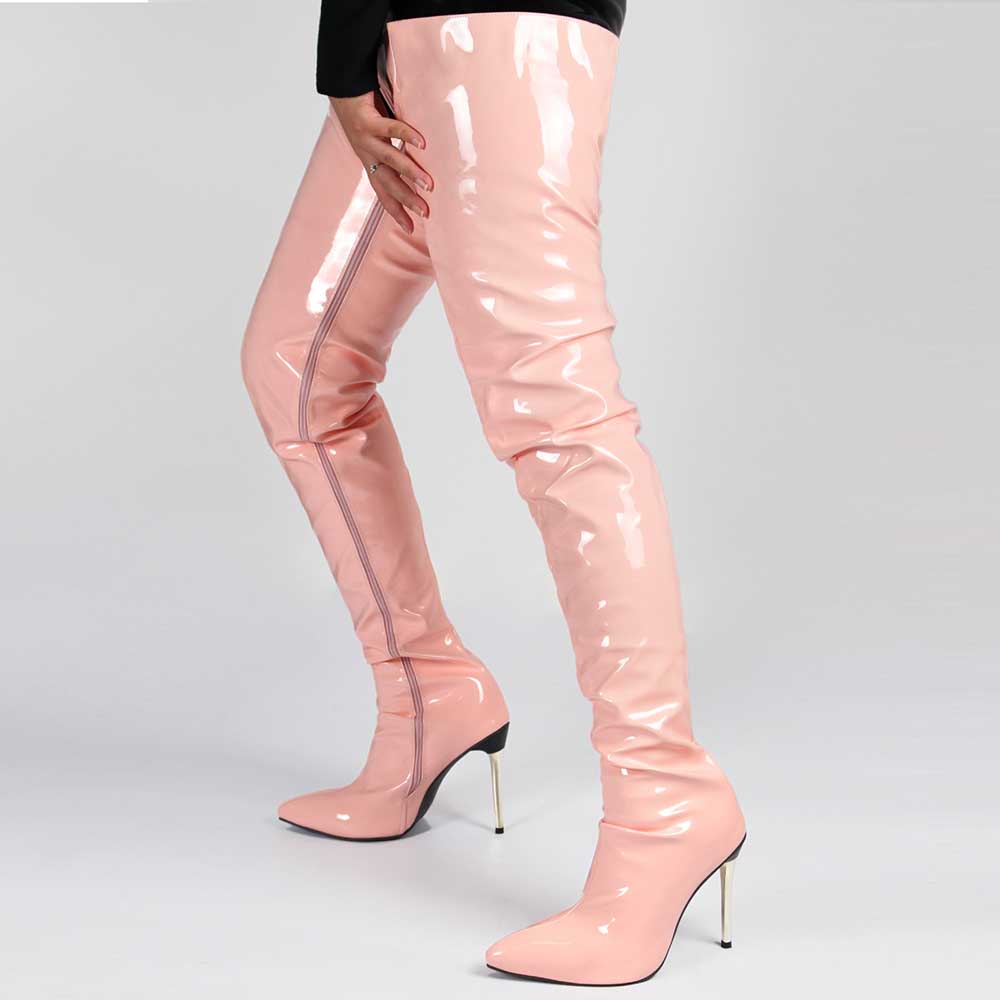 Pink women's over the knee stiletto boots with shiny finish and thin high heels