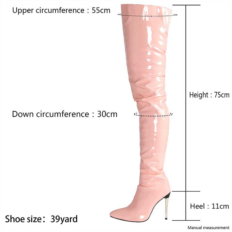 Pink women's over the knee stiletto boots with 11cm heel and 75cm height showcasing measurements