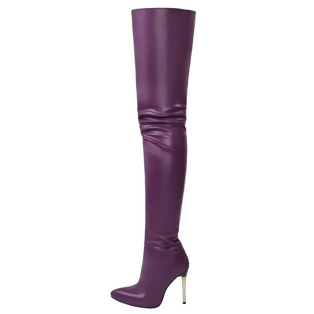 Purple women's over the knee stiletto boots with pointed toe and high slim heel