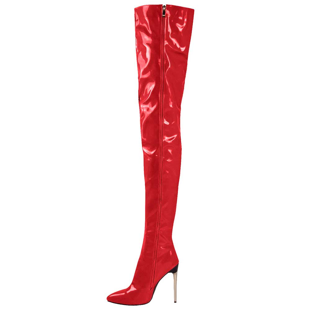 Red glossy women's over the knee stiletto boots with pointed toe and side zipper