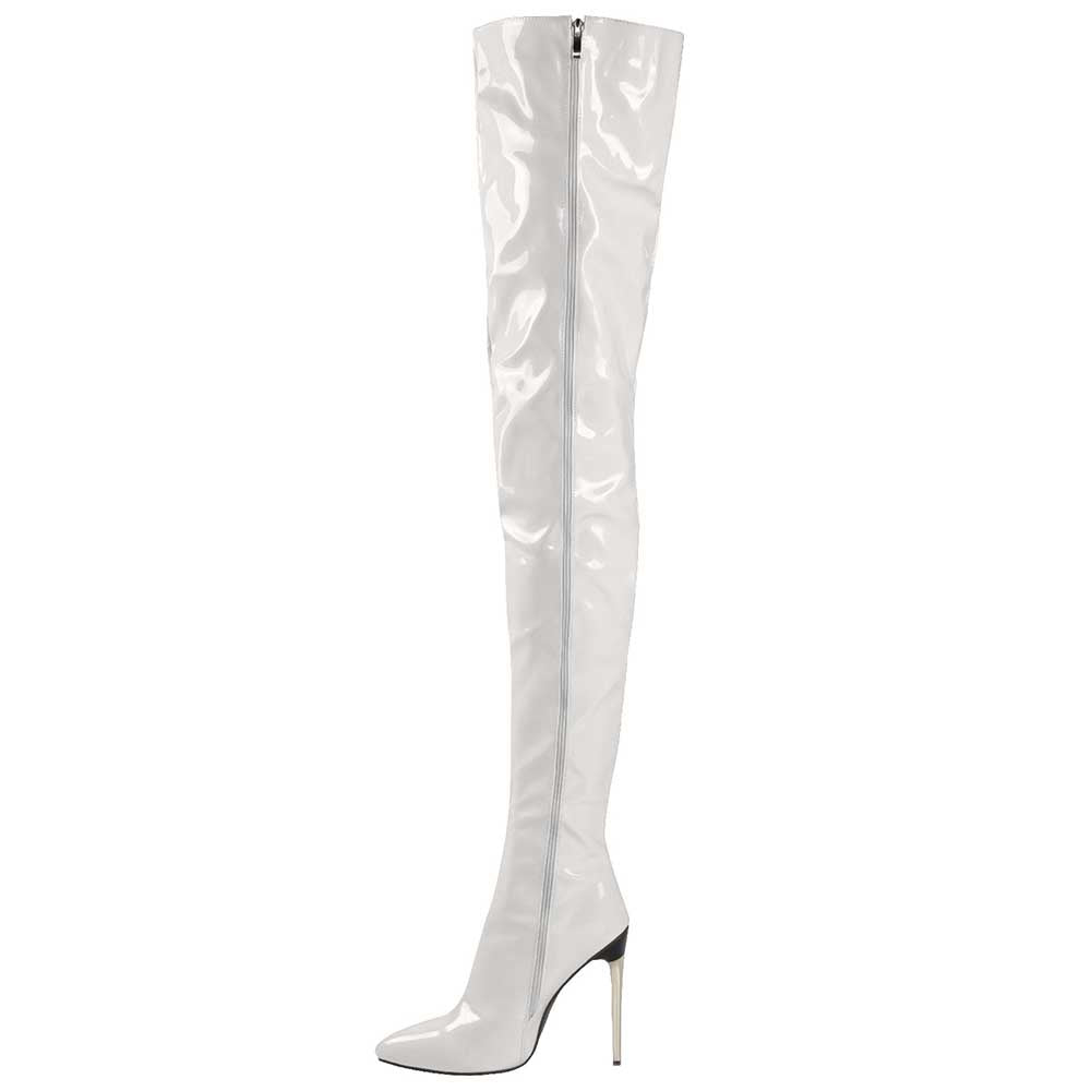 White women's over the knee stiletto boots with high heel and side zipper