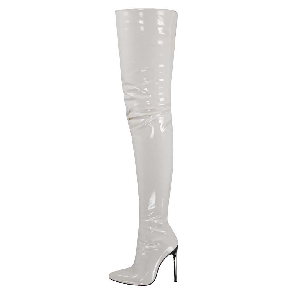 White women's over the knee stiletto boots with a glossy finish and pointed toe design