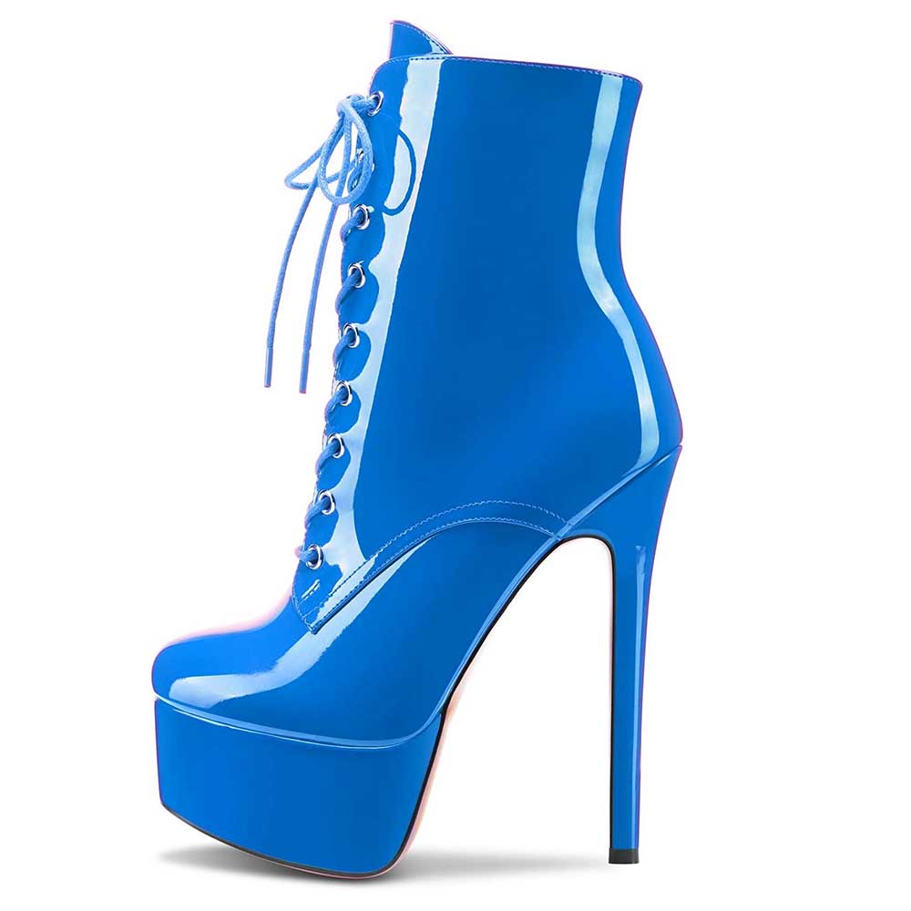 Blue women's patent leather stiletto boots with lace-up front and high platform ankle design