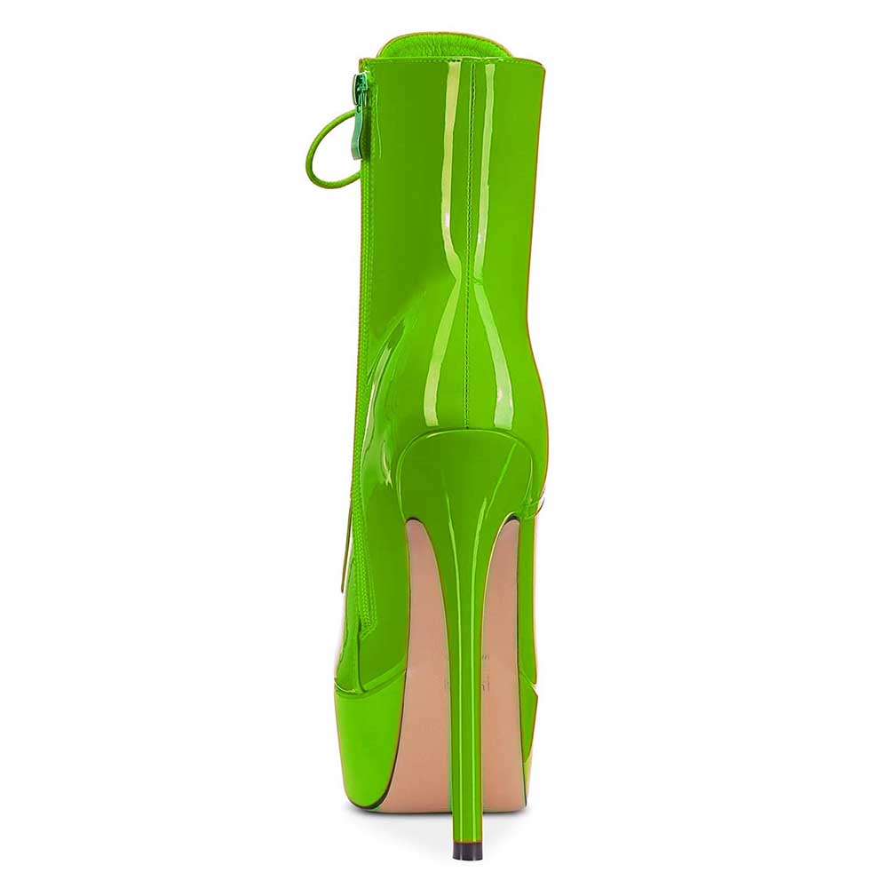 Back view of neon green women's patent leather stiletto boots with high heel and zipper