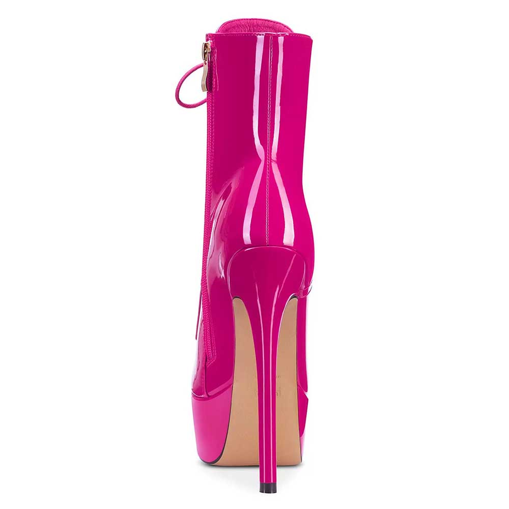 Bright pink women's patent leather stiletto boots ankle boots with high heel and back zipper