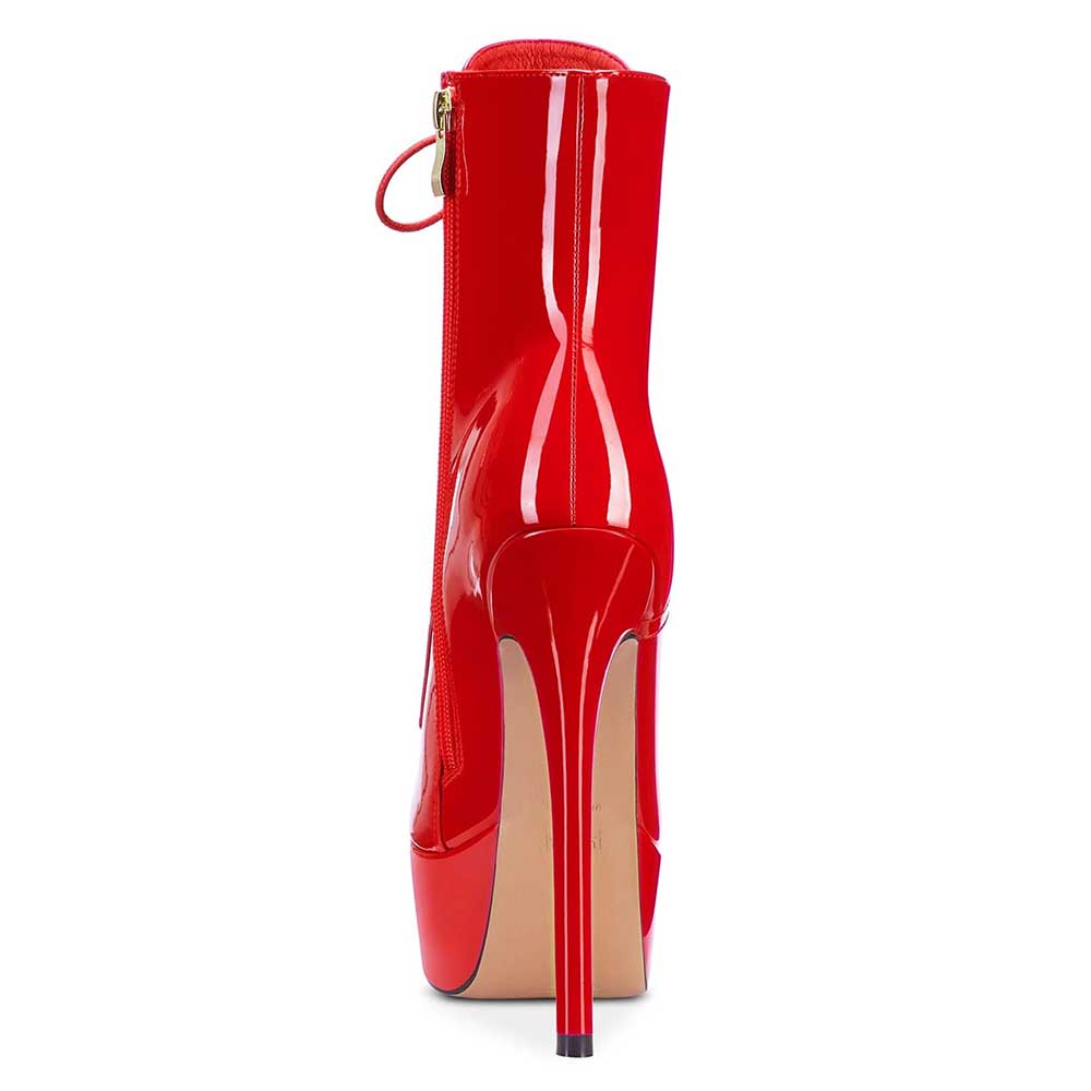 Red women's patent leather stiletto boots ankle boots with high heel and back zipper