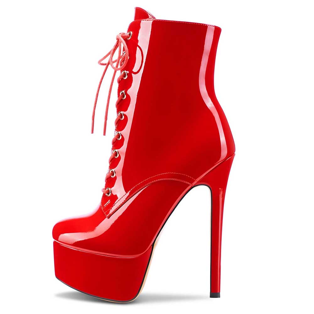 Red women's patent leather stiletto boots ankle boots with lace-up front and platform sole