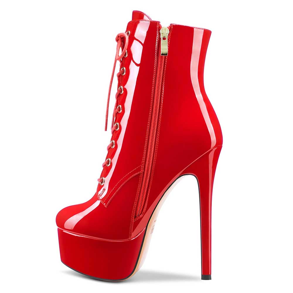 Red women's patent leather stiletto boots ankle boots with lace-up and side zipper