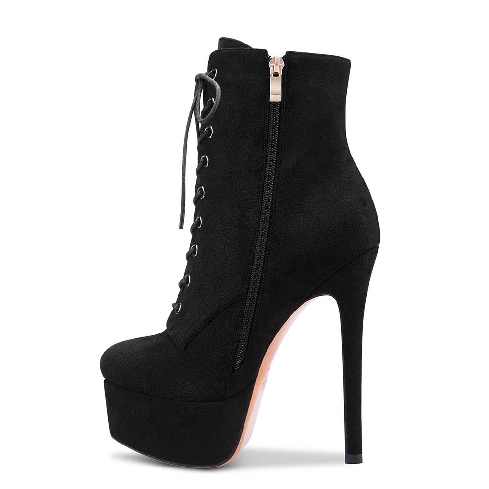 Black women's platform ankle boots with lace-up front and side zipper closure