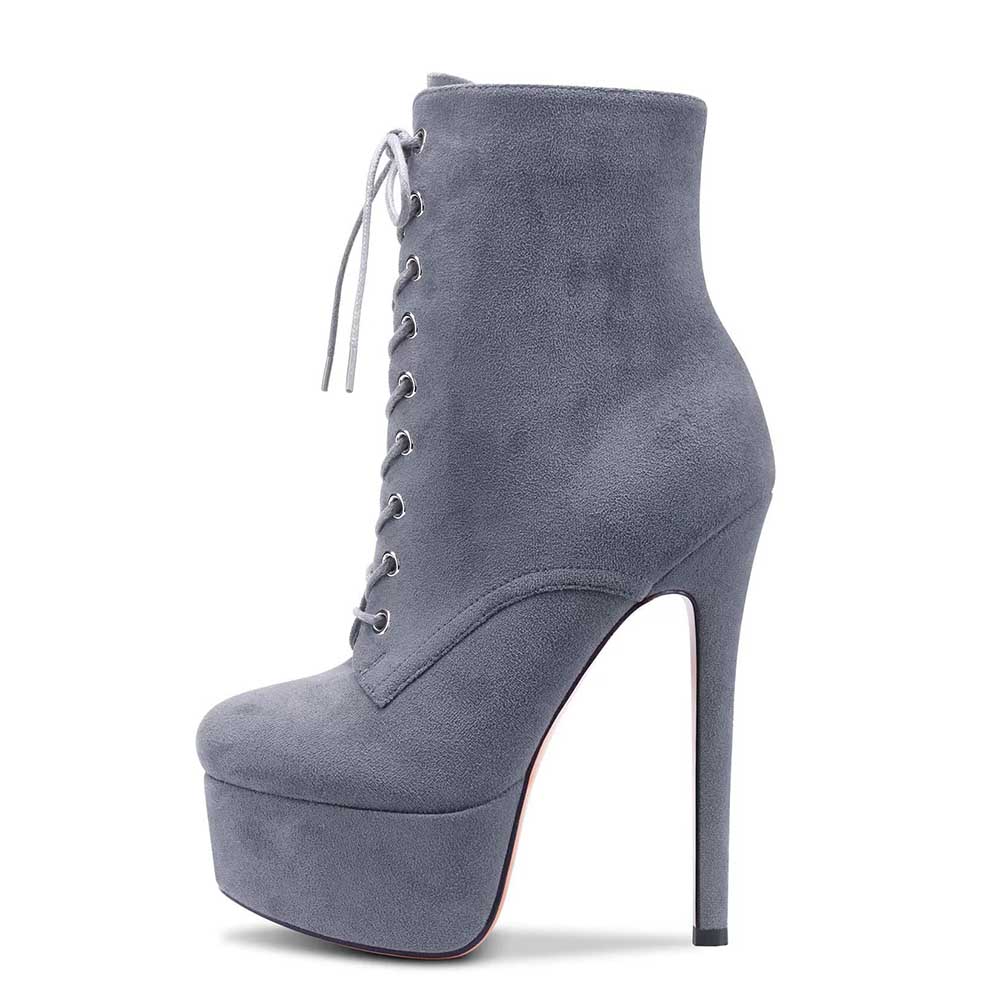 Gray suede women's platform ankle boots with high stiletto heel and front lace-up design