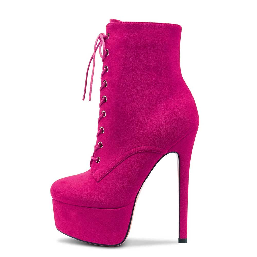 Bright pink women's platform ankle boots with lace-up front and high stiletto heel