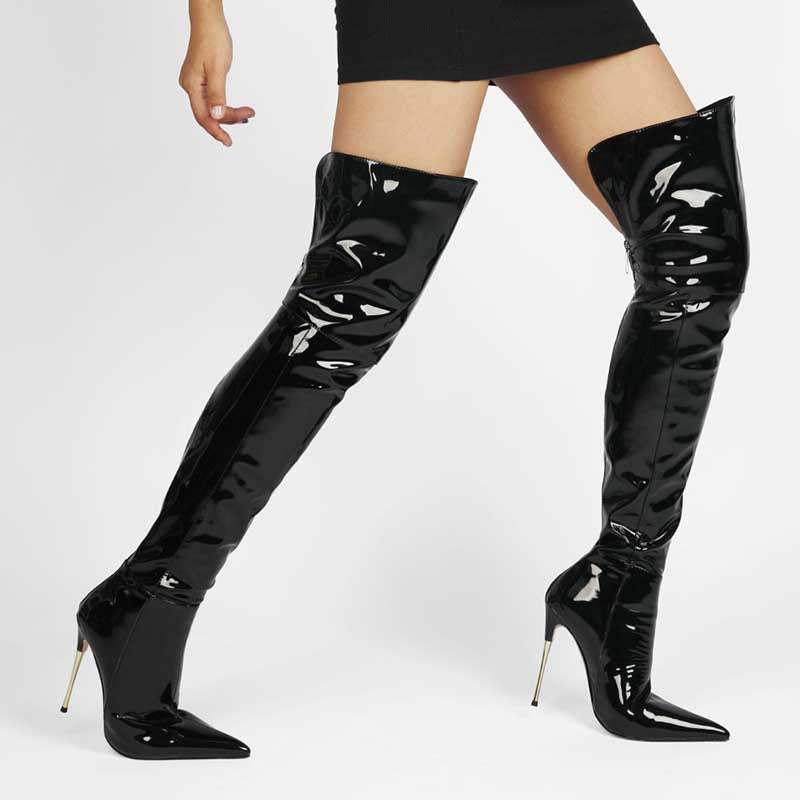 Glossy black womens stiletto thigh high boots with pointed toes and thin heels