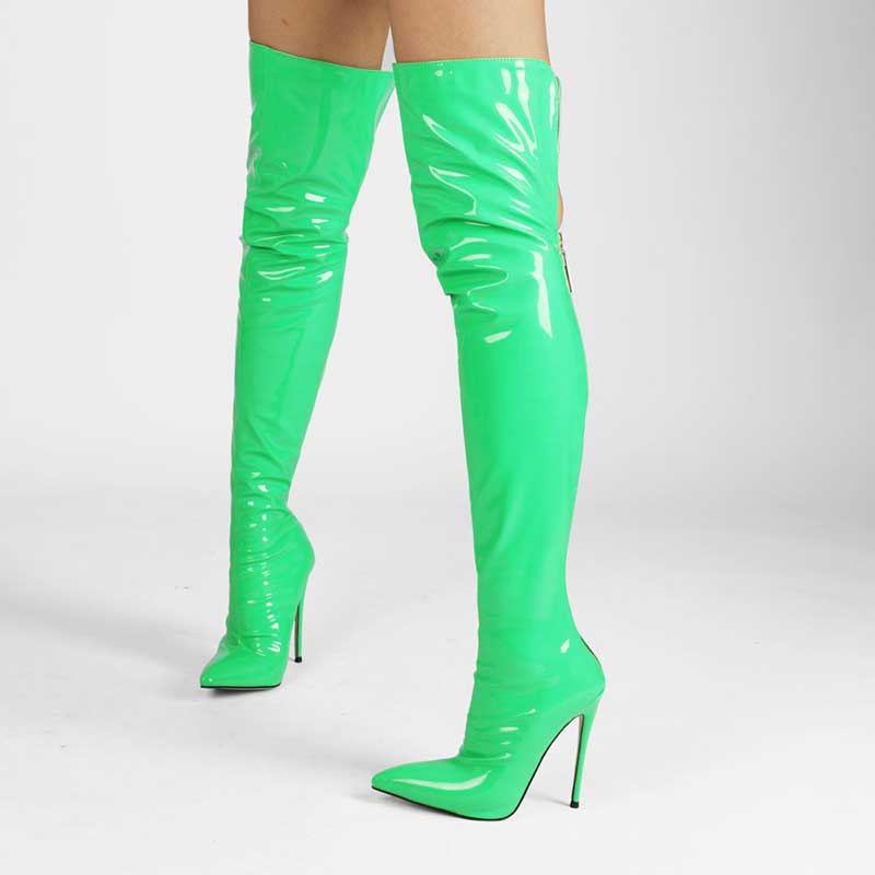 Bright green womens stiletto thigh high boots with glossy finish and pointed toes