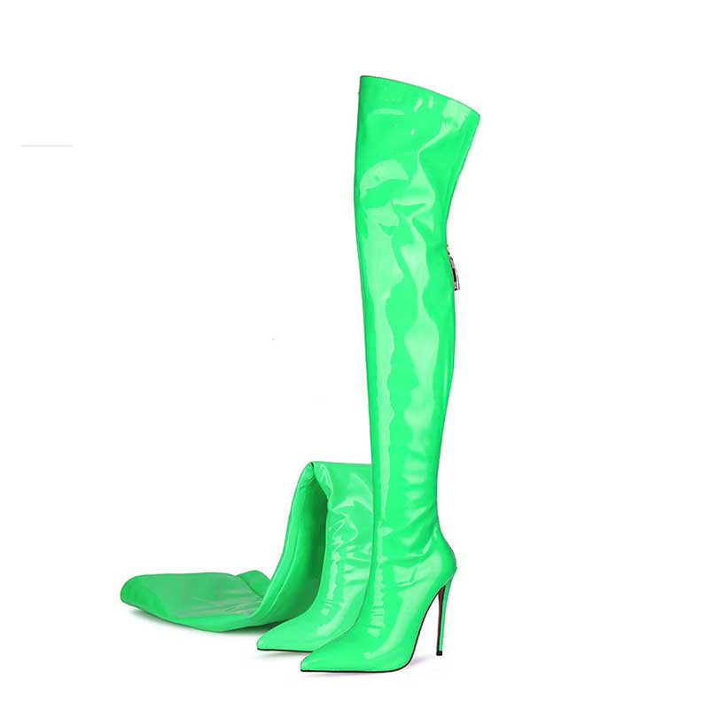 Bright green womens stiletto thigh high boots with pointed toe and glossy finish