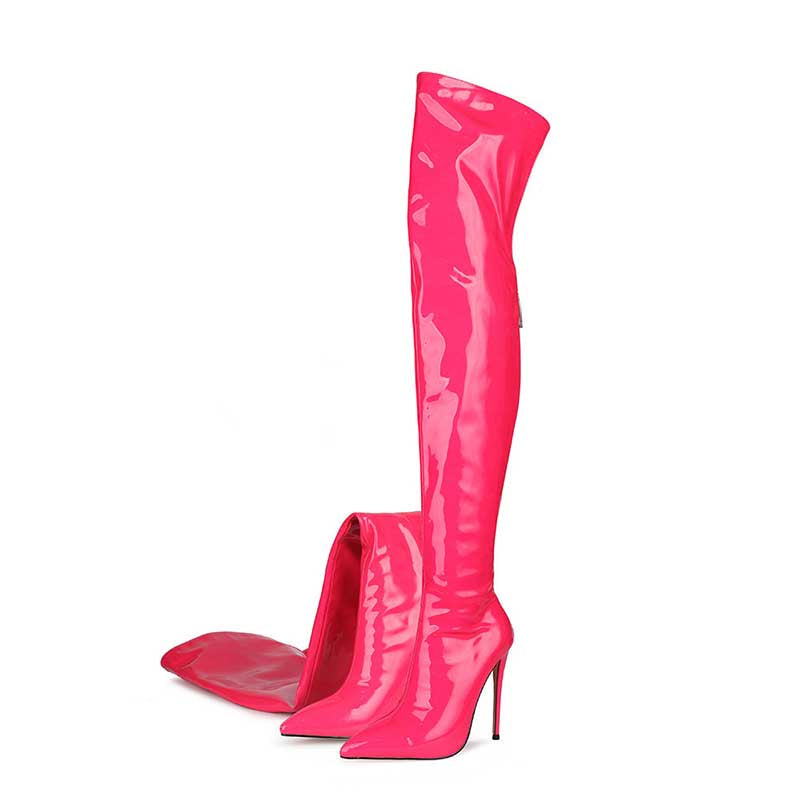 Bright pink womens stiletto thigh high boots with pointed toe and glossy finish