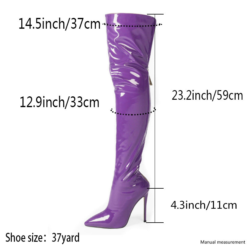 Purple womens stiletto thigh high boots with pointed toe and high heel measuring 23.2 inches tall