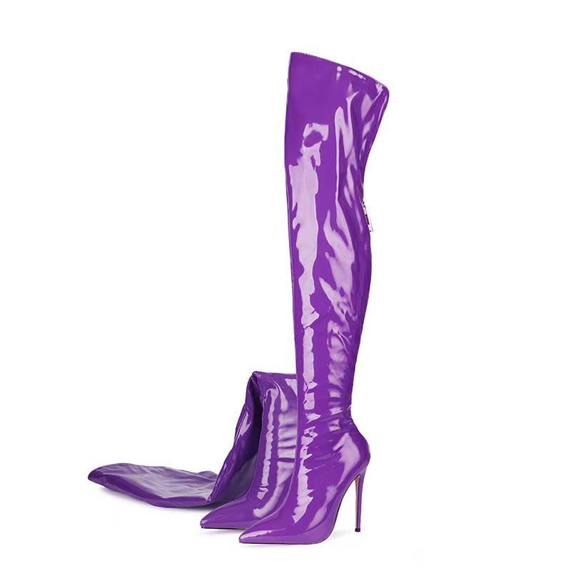 Purple patent leather womens stiletto thigh high boots with pointed toes and high heels