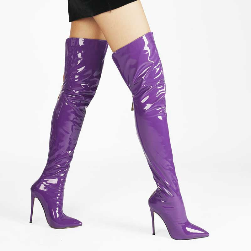Glossy purple womens stiletto thigh high boots with pointed toes and high heels