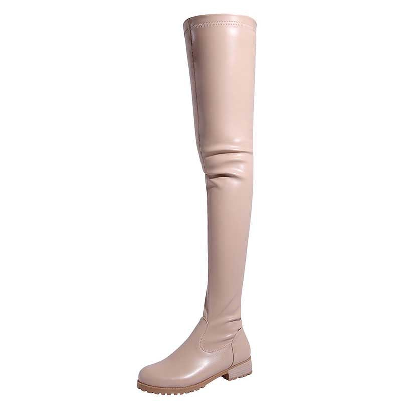 Beige womens thigh high boots with flat sole and round toe design for stylish comfort