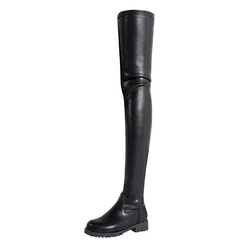 Black leather womens thigh high boots with flat sole and round toe design