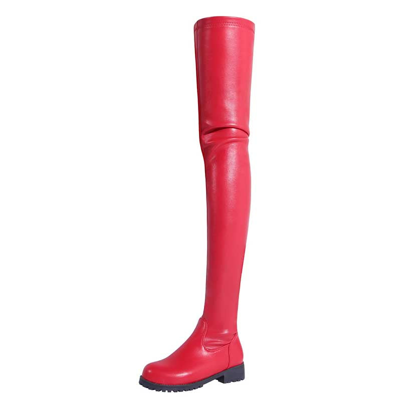 Red womens thigh high boots with low heel and round toe design for stylish wear