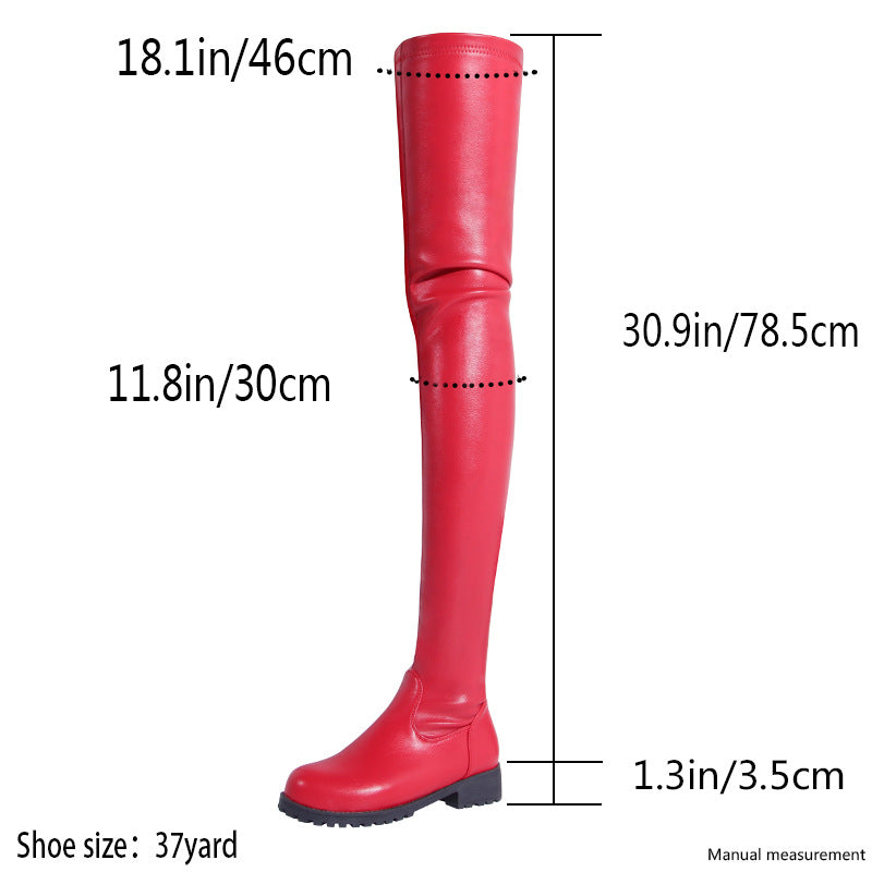 Red womens thigh high boots with flat soles and detailed height measurements