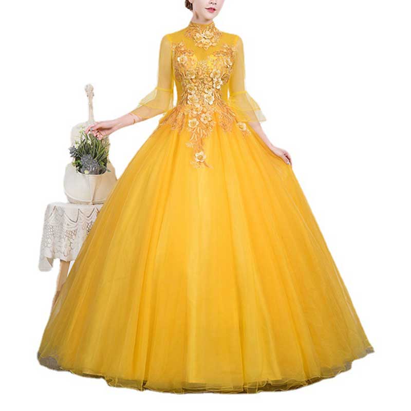 Standard Collar Tulle Yellow Ball Gown Dress With Sleeves