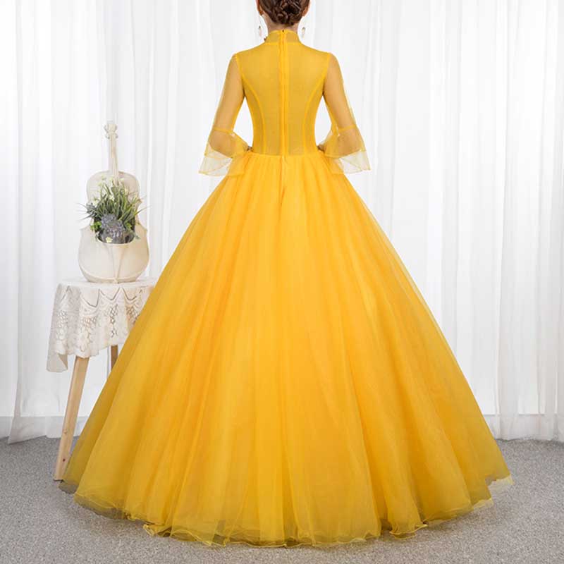 Standard Collar Tulle Yellow Ball Gown Dress With Sleeves