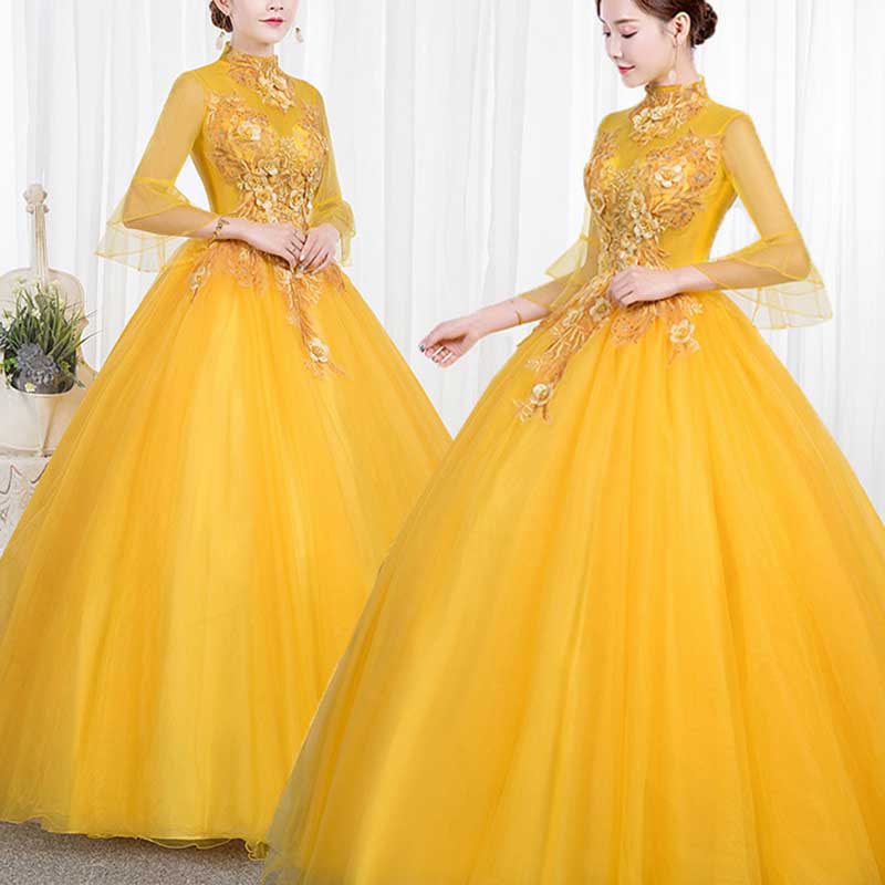 Standard Collar Tulle Yellow Ball Gown Dress With Sleeves