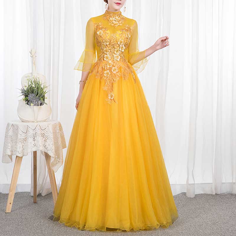 Standard Collar Tulle Yellow Ball Gown Dress With Sleeves