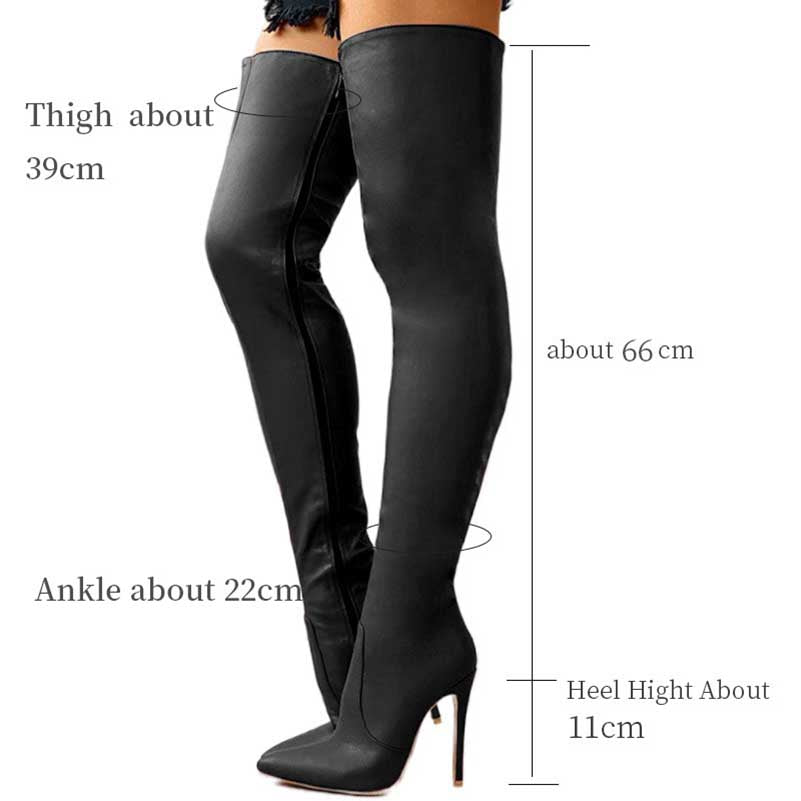 Black zipper long party boots for women with high heels and thigh-high length
