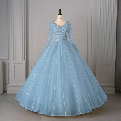 Long Sleeve Beaded Ball Gown V-Neck Formal Gowns