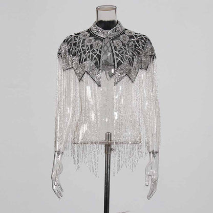 Gatsby Style 20s Metallic Cape – Gold & Silver Beaded Fringe Mesh Cape