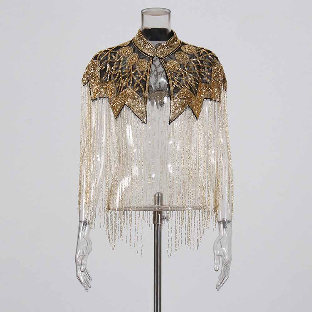Gatsby Style 20s Metallic Cape – Gold & Silver Beaded Fringe Mesh Cape