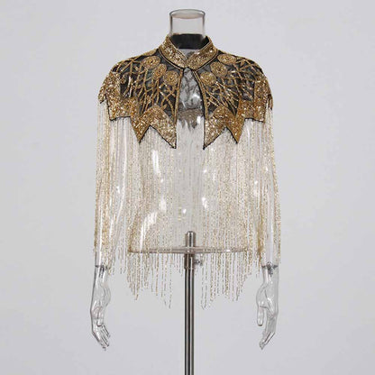 Gatsby Style 20s Metallic Cape – Gold & Silver Beaded Fringe Mesh Cape