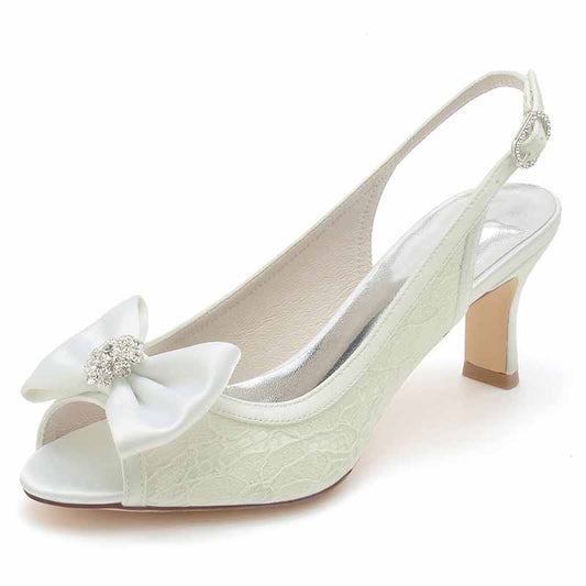Bow Detail Lace Wedding Shoes 2.56" Slingback Kitten Heels
