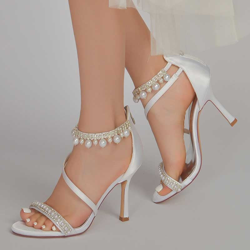 Women Pearls Rhinestones Open Toe Wedding Sandals 3.74" Dress Shoes