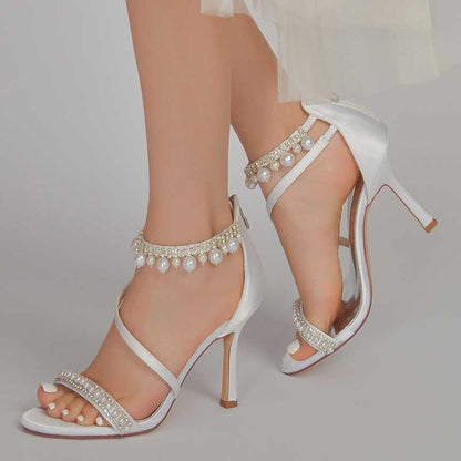 Women Pearls Rhinestones Open Toe Wedding Sandals 3.74" Dress Shoes