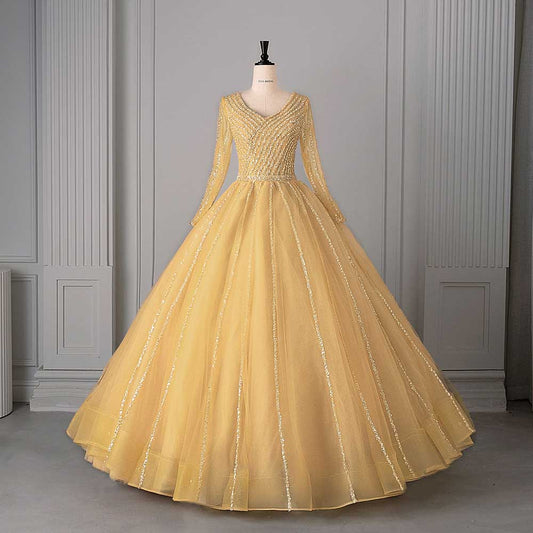 Long Sleeve Beaded Ball Gown V-Neck Formal Gowns