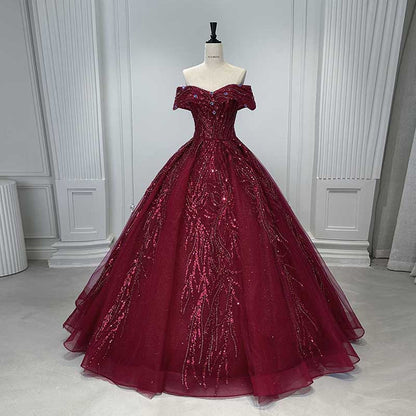 Off Shoulder Ball Gown Sequin Formal Dresses With Detachable Crinoline.