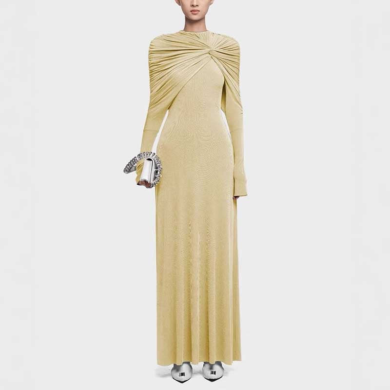 Raw Edge Detail Ruched Maxi Dress Long Sleeves