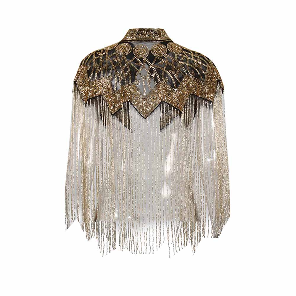 Gatsby Style 20s Metallic Cape – Gold & Silver Beaded Fringe Mesh Cape