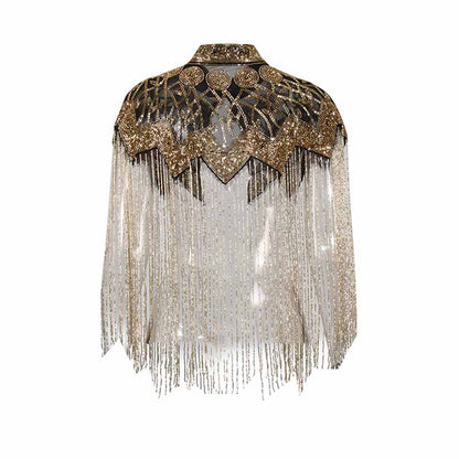 Gatsby Style 20s Metallic Cape – Gold & Silver Beaded Fringe Mesh Cape