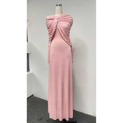 Raw Edge Detail Ruched Maxi Dress Long Sleeves