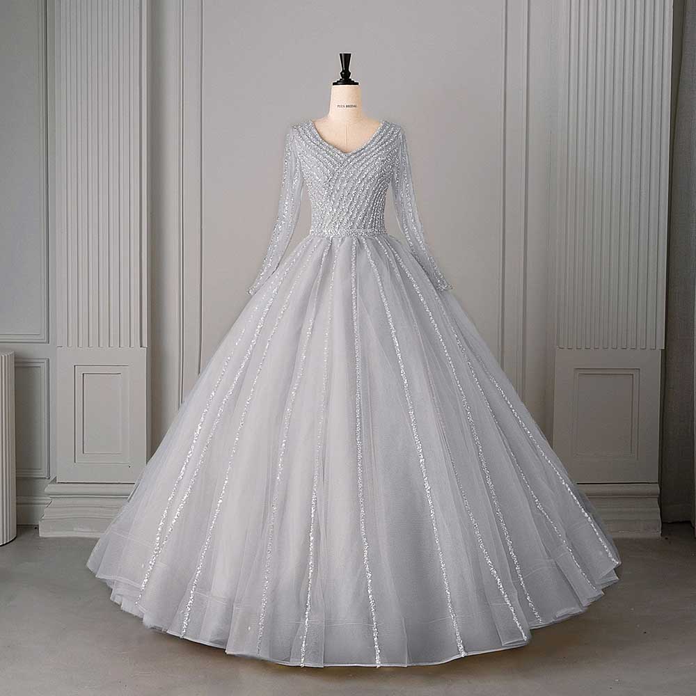 Long Sleeve Beaded Ball Gown V-Neck Formal Gowns
